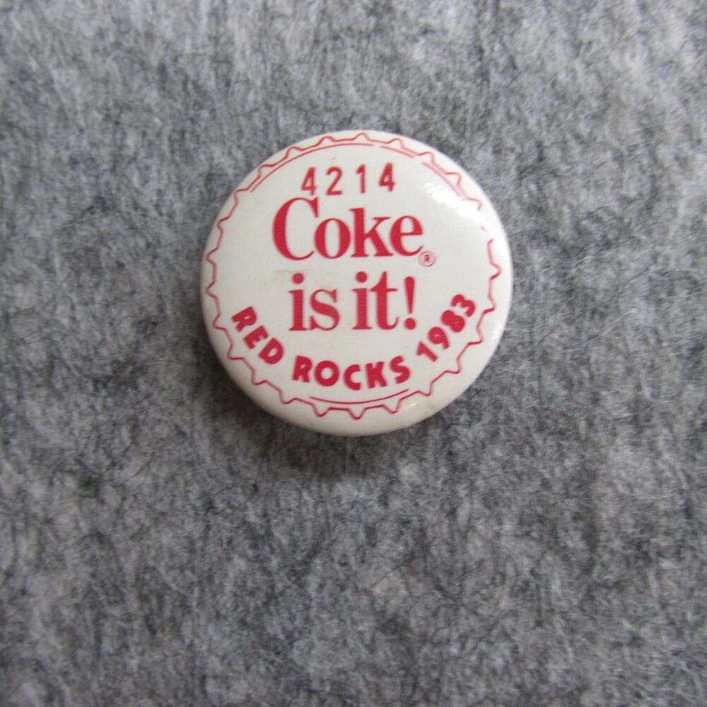 Vintage 1983 Coke White Metal Button Sign Advertising Coke Red Rocks Colorado